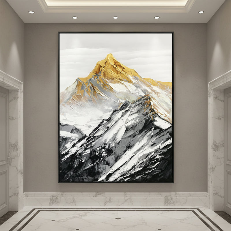 Gold Summit Mountain Oil Painting | Large Landscape Wall Art | Hand Painted Impasto Canvas