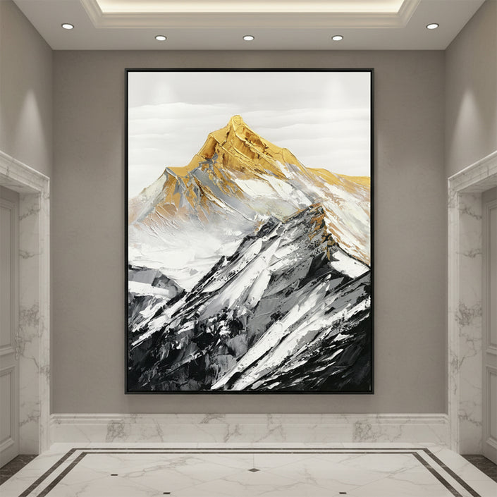 Gold Summit Mountain Oil Painting | Large Landscape Wall Art | Hand Painted Impasto Canvas