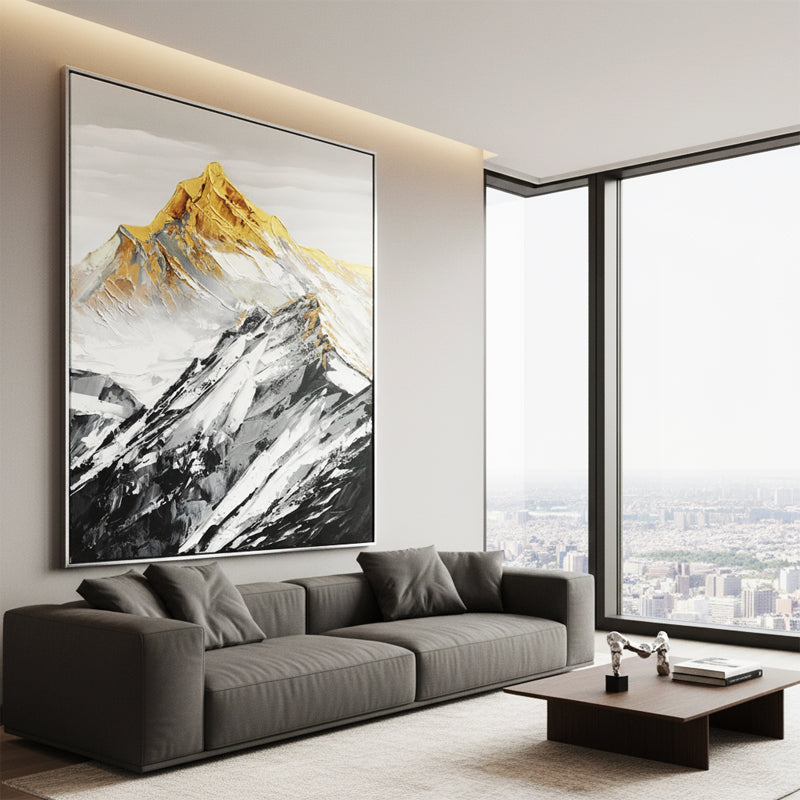 Gold Summit Mountain Oil Painting | Large Landscape Wall Art | Hand Painted Impasto Canvas