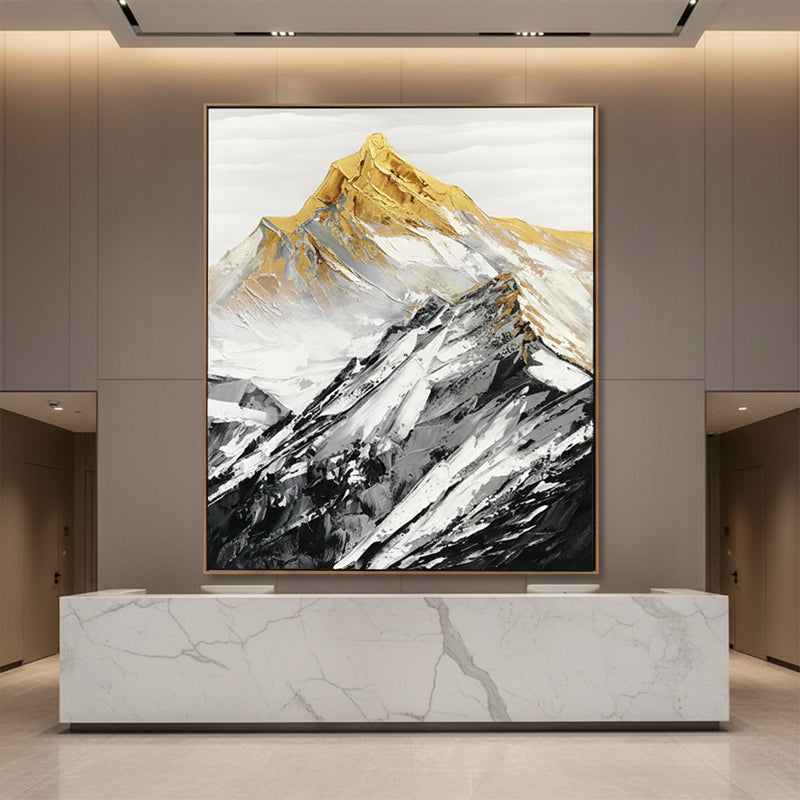 Gold Summit Mountain Oil Painting | Large Landscape Wall Art | Hand Painted Impasto Canvas