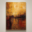Vertical golden sunset abstract landscape oil painting, Gold Frame ultra-thin 3mm aluminum frame on warm gallery wall with shadow
