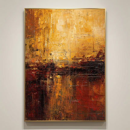 Vertical golden sunset abstract landscape oil painting, Gold Frame ultra-thin 3mm aluminum frame on warm gallery wall with shadow
