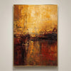 Vertical golden sunset abstract landscape oil painting, Gold Frame ultra-thin 3mm aluminum frame on warm gallery wall with shadow
