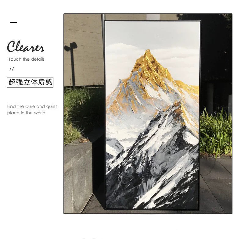 Gold Summit Mountain Oil Painting | Large Landscape Wall Art | Hand Painted Impasto Canvas