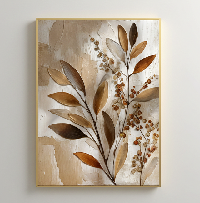 Gold Botanical Leaf Oil Painting | Heavy Impasto Floral Wall Art