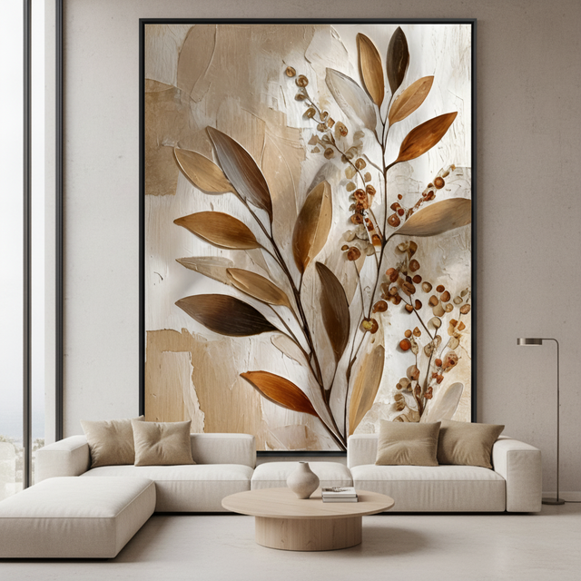 Gold Botanical Leaf Oil Painting | Heavy Impasto Floral Wall Art