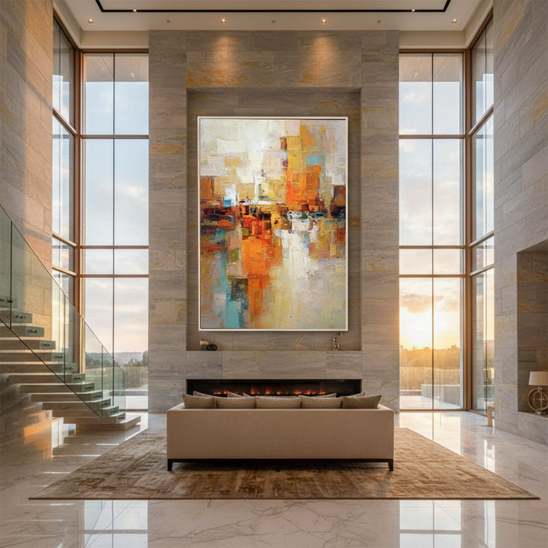 Golden Skyline Abstract Oil Painting | Warm Amber Textured Wall Art