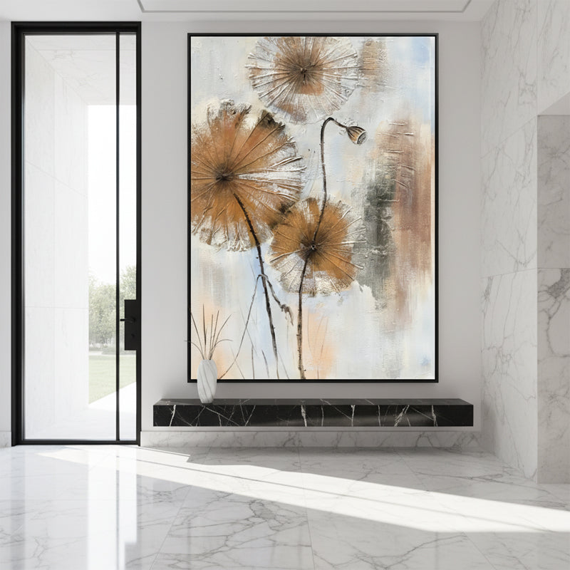 Lotus Pod Oil Painting | Botanical Wall Art | Hand Painted Oil Canvas
